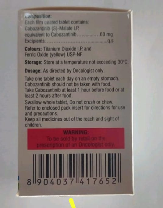 Cabozantinib 60 mg capsules, 30 capsules — generic (India) (Cometriq-equivalent)