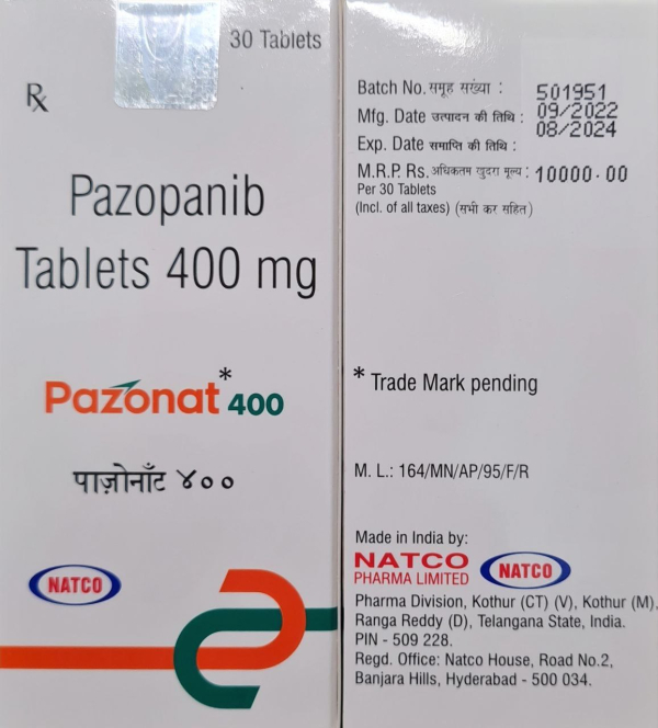 Pazopanib 400 mg film-coated tablets, 30 tablets — generic (India)