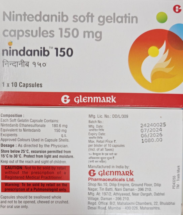 Nintedanib 150 mg hard capsules, 30 capsules — generic (Glenmark, India) (Ofev-equivalent)