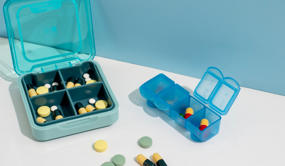 Pharmacy shelf with medicines